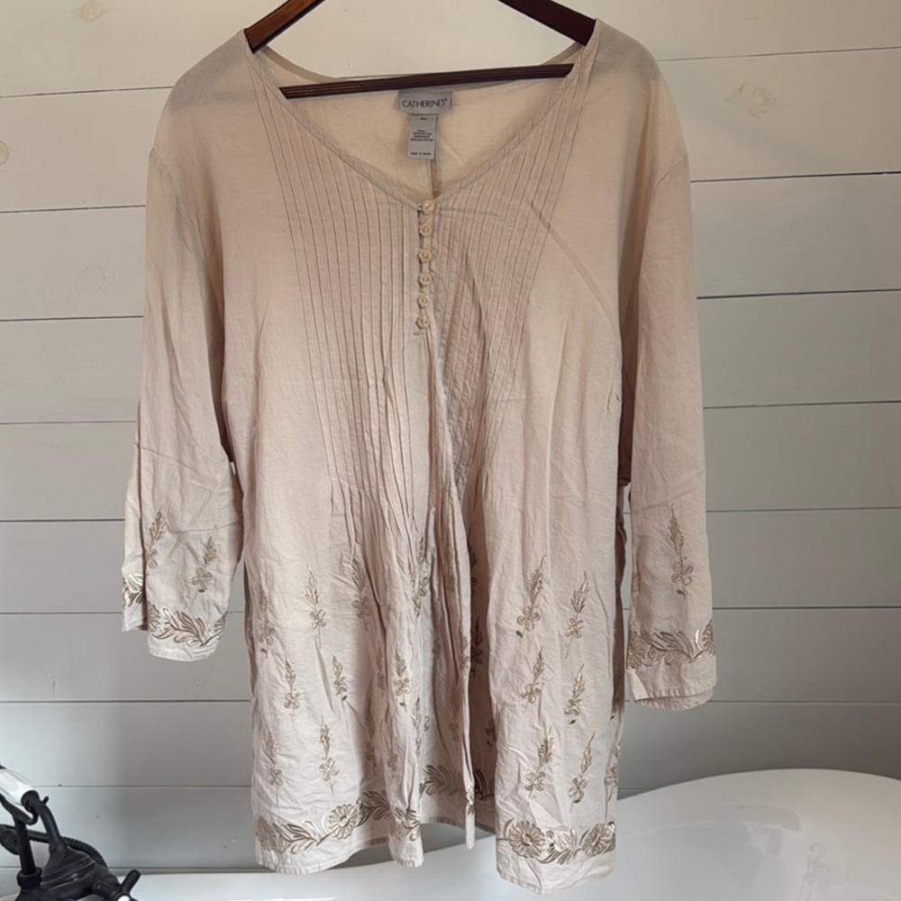 Catherines Tan Pleated 3/4 Sleeve Tunic